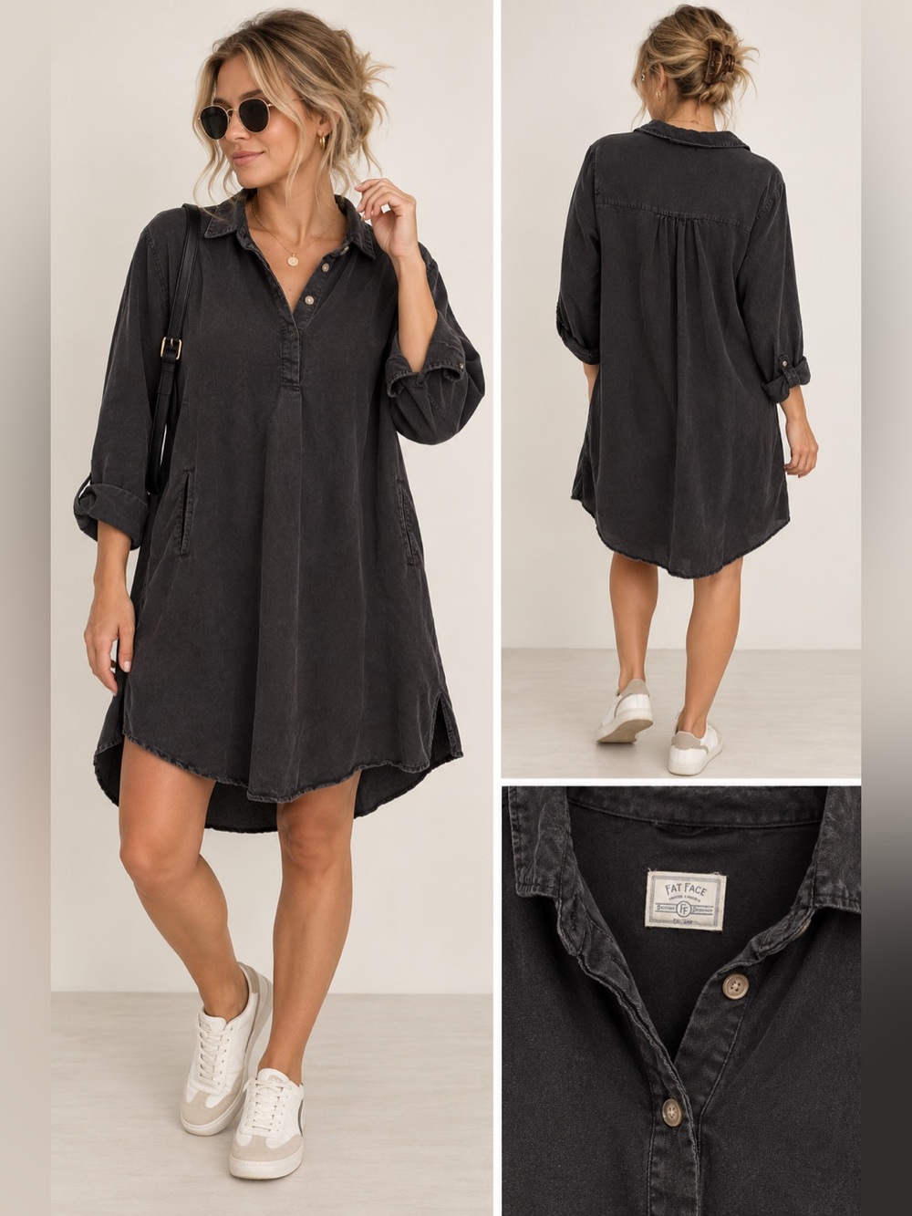 FatFace Black Lyocell Long Sleeve Tunic Shirt Dress XL